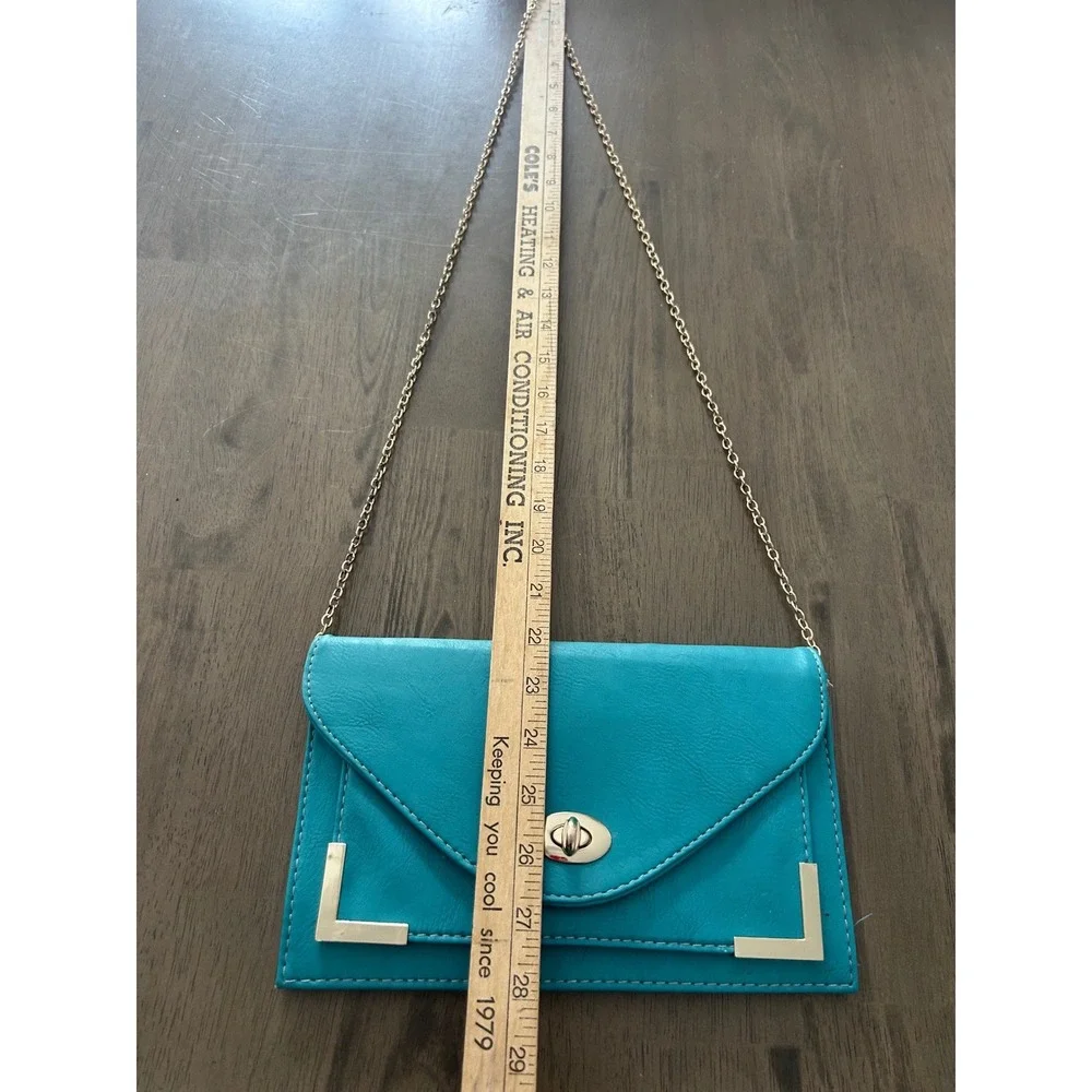 Teal Envelope Clutch Bag Gold Hardware Chain Strap Crossbody Turquoise Faux Leat